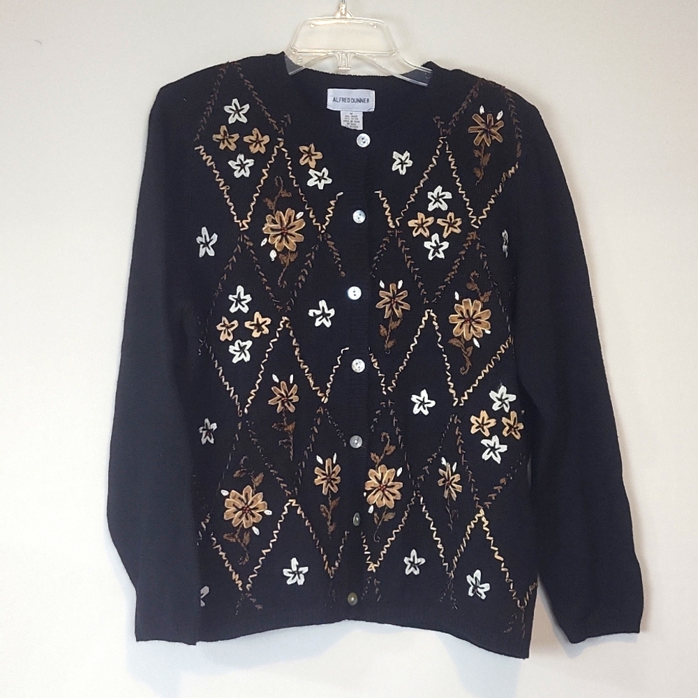 Vtg ALFRED DUNNER Black Brown White Embroidered Velvet Ribbon Gloral Cardigan